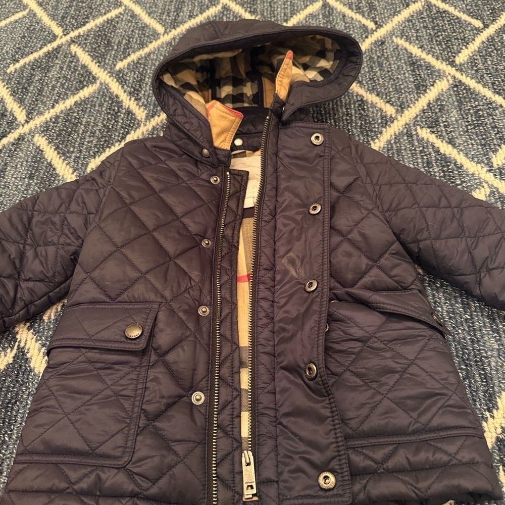 Burberry Kids Quilted Hooded Jacket - Navy and Beige
